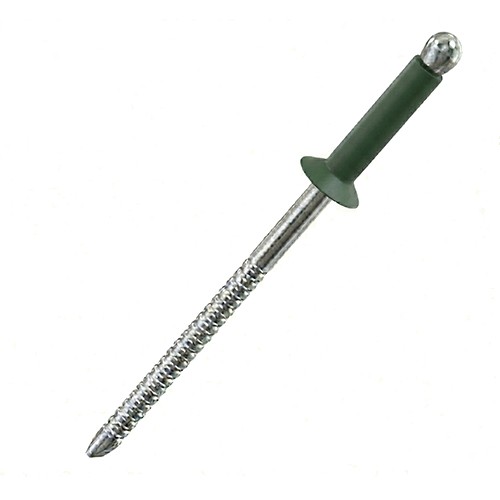 A close up image of a painted CHROMAFIX Countersunk Blind Rivet in the colour RAL 6005 Moss Green,