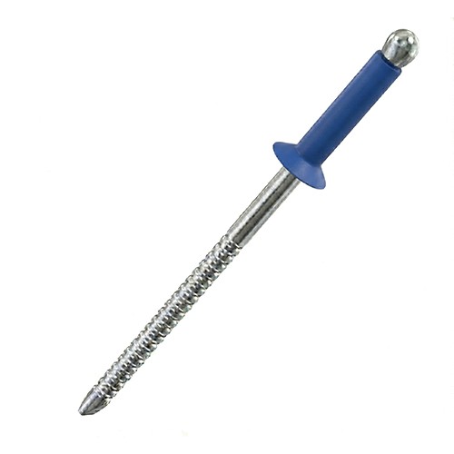 A close up image of a painted CHROMAFIX Countersunk Blind Rivet in the colour RAL 5010 Gentian Blue,