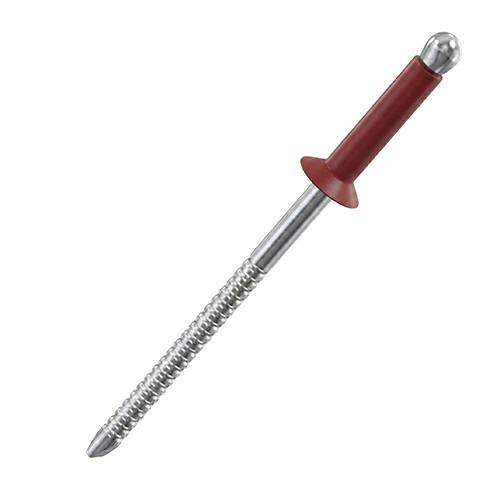 A close up image of a painted CHROMAFIX Countersunk Blind Rivet in the colour RAL 3003 Ruby Red,