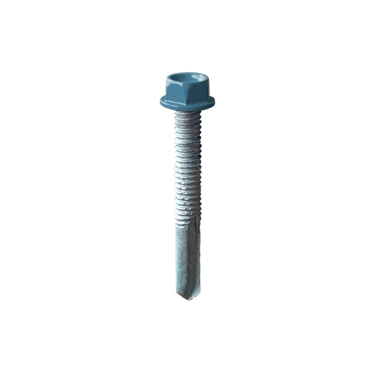 A product photo of CHROMAFIX Self Drilling Tek Screws painted in pale blue,
