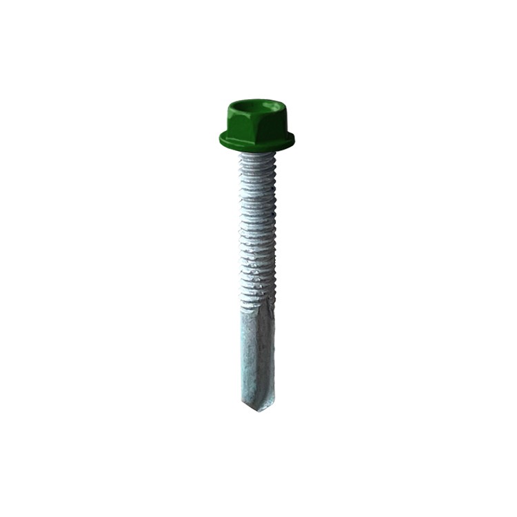 A product photo of CHROMAFIX Self Drilling Tek Screws painted in dark green,