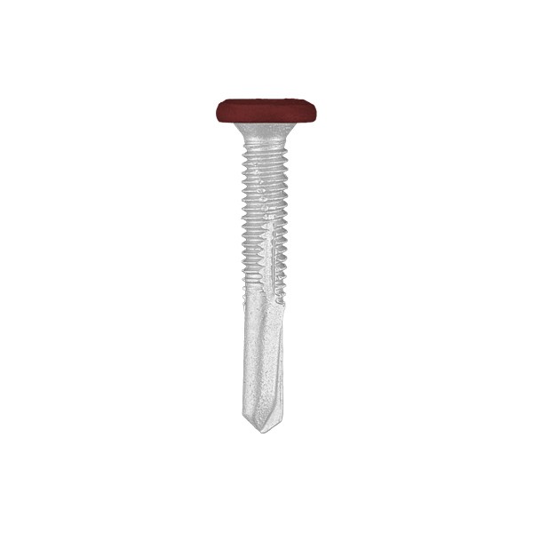 A studio photo of the CHROMAFIX Self Drilling Tek Screw painted in RAL 3005 Wine Red