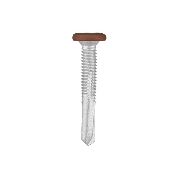 A studio photo of the CHROMAFIX Self Drilling Tek Screw painted in RAL 8004 Copper Brown