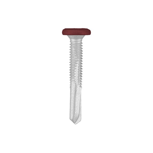A studio photo of the CHROMAFIX Self Drilling Tek Screw painted in RAL RAL 3011 Brown Red