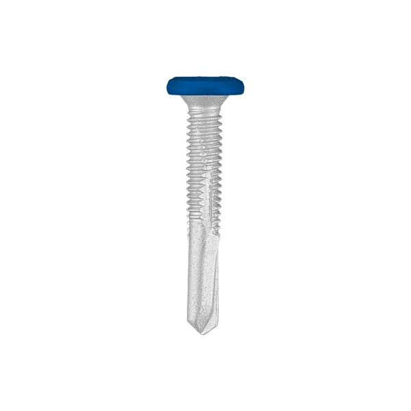 A studio photo of the CHROMAFIX Self Drilling Tek Screw painted in RAL 5010 Gentian Blue