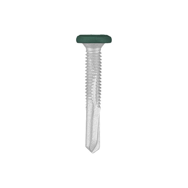 A studio photo of the CHROMAFIX Self Drilling Tek Screw painted in RAL 6005 Moss Green