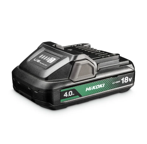 A green and black HiKOKI 18V 4.0AH lithium-ion slide-pack battery, compatible with the HiKOKI cordless tool range.