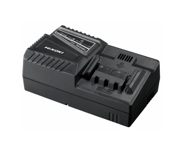 A green and black HiKOKI battery charger compatible with the 4Vslide-pack lithium-ion batteries, with charge indicator LEDs.