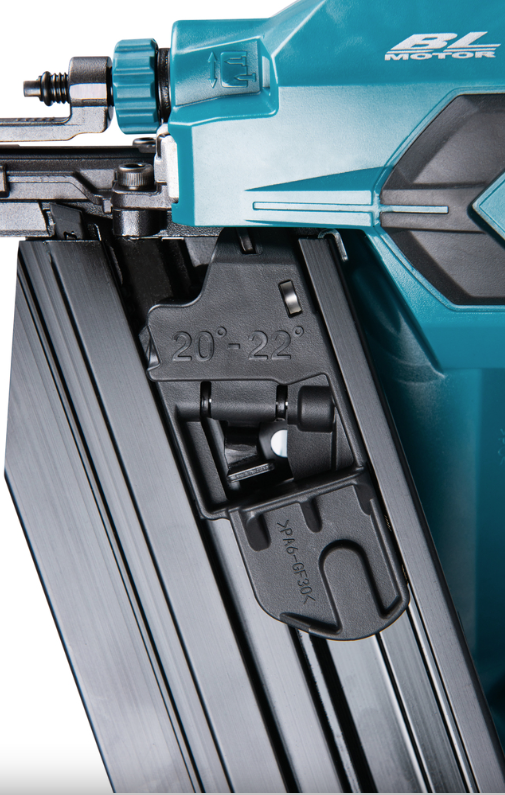 A teal and black Makita cordless framing nailer with a 30–34° magazine, for driving collated nails into structural timber.