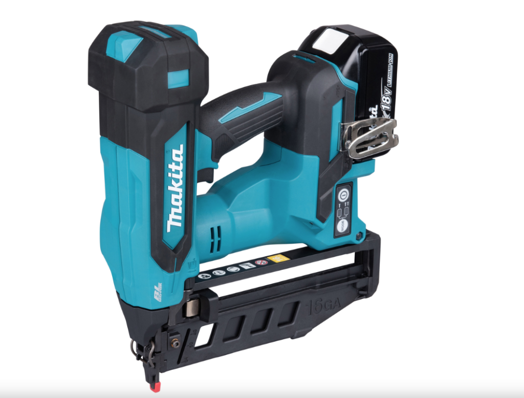 A teal and black Makita cordless nail gun with 18V a magazine feed and safety tip, for driving nails quickly in timber framing and carpentry.