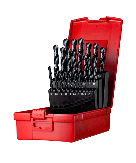 A HSS drill bit with a precision-ground tip and fluted shank, for drilling into metal and hard plastics.