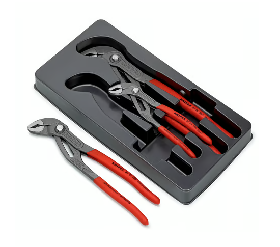 A pair of water-pump pliers with tongue-and-groove adjustable jaws for gripping pipes, nuts, and irregular shapes.