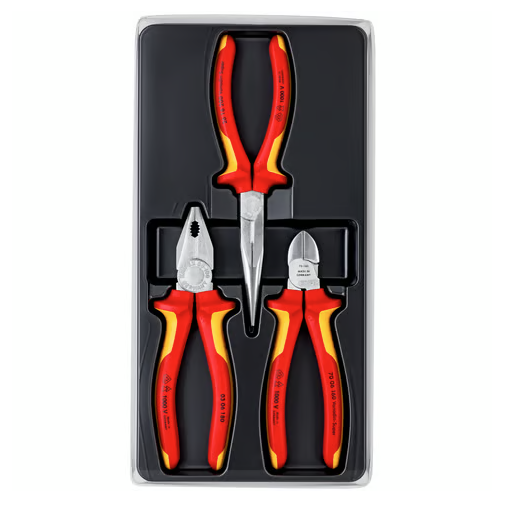 A pair of pliers with hardened steel jaws and insulated handles, for gripping and bending work.