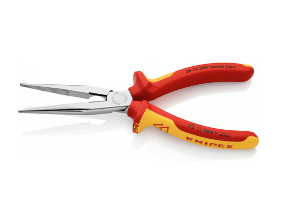 A pair of pliers with hardened steel jaws and insulated handles, for gripping and bending work.