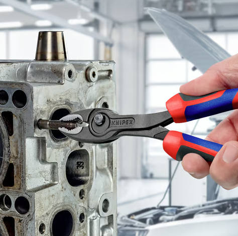 A pair of pliers with hardened steel jaws and insulated handles, for gripping and bending work.