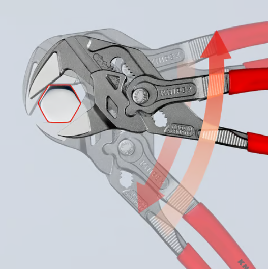 A pair of combination pliers with serrated flat jaws, a pipe-gripping section, and a side cutter, for general gripping work.