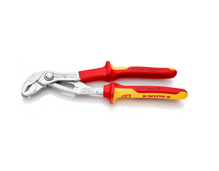 A pair of pliers with hardened steel jaws and insulated handles, for gripping and bending work.