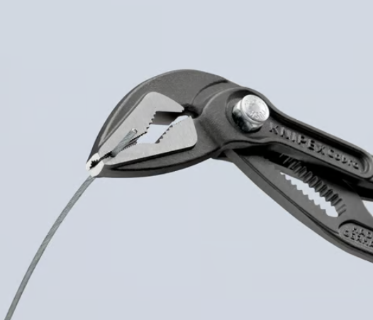 A pair of pliers with hardened steel jaws and insulated handles, for gripping and bending work.