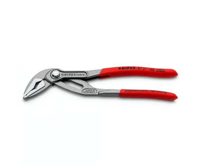 A pair of pliers with hardened steel jaws and insulated handles, for gripping and bending work.