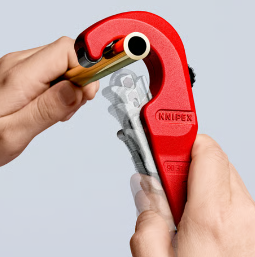 A pipe cutter with a hardened steel cutting wheel and an adjustable frame, for cleanly severing copper, steel, and plastic pipe.