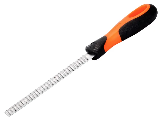 A Bahco needle file with a hardened steel abrasive surface and a turned wooden or synthetic handle, for shaping and deburring metal.