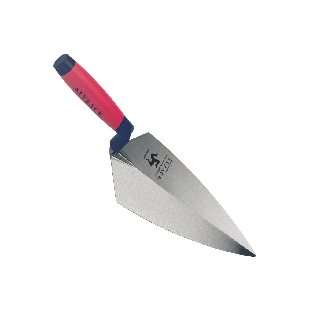 A trowel with a polished steel blade and an ergonomic handle, for applying and finishing mortar, plaster, and adhesive.