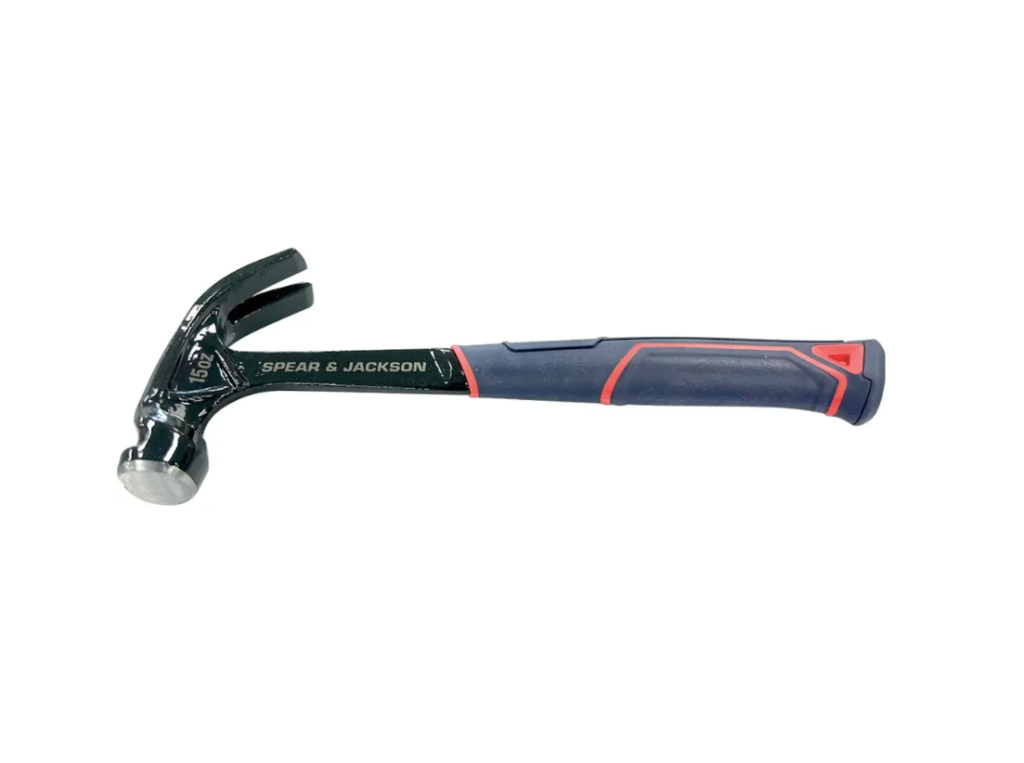 A claw hammer with a steel-handled handle and a polished steel head featuring a straight claw for nail removal and a flat striking face.,