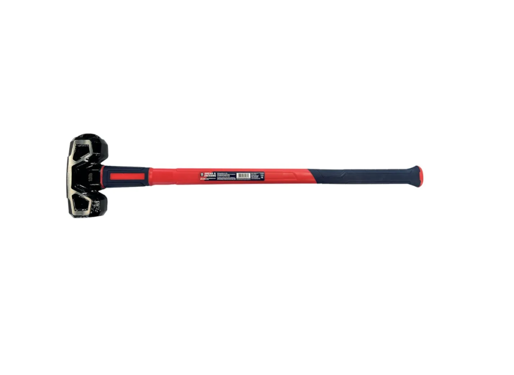 A 10lb sledgehammer with a heavy steel head and a long steel-handled handle, for heavy demolition, driving stakes, and breaking up masonry.