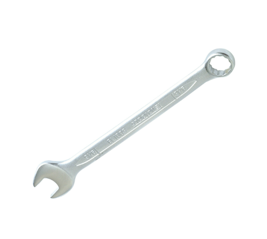 A combination spanner with an open-ended jaw at one end and a ring spanner at the other, in chrome vanadium steel.