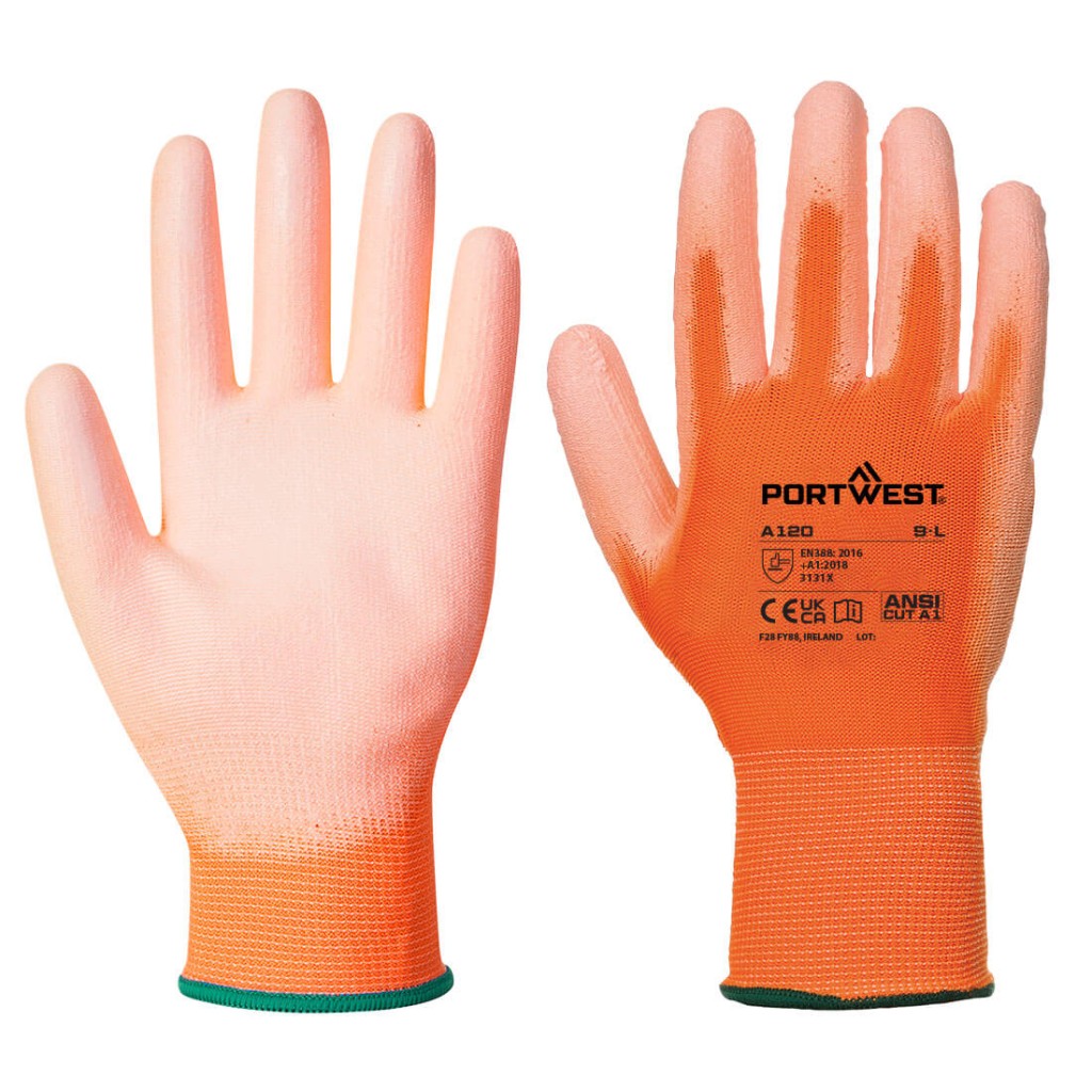 A pair of orange work gloves with a textured grip palm and adjustable wrist closure, designed for general site use.