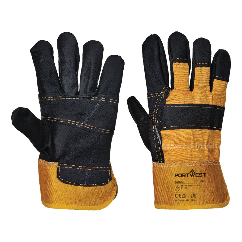 A pair of yellow leather work gloves with a reinforced palm and adjustable wrist strap, offering durable hand protection.