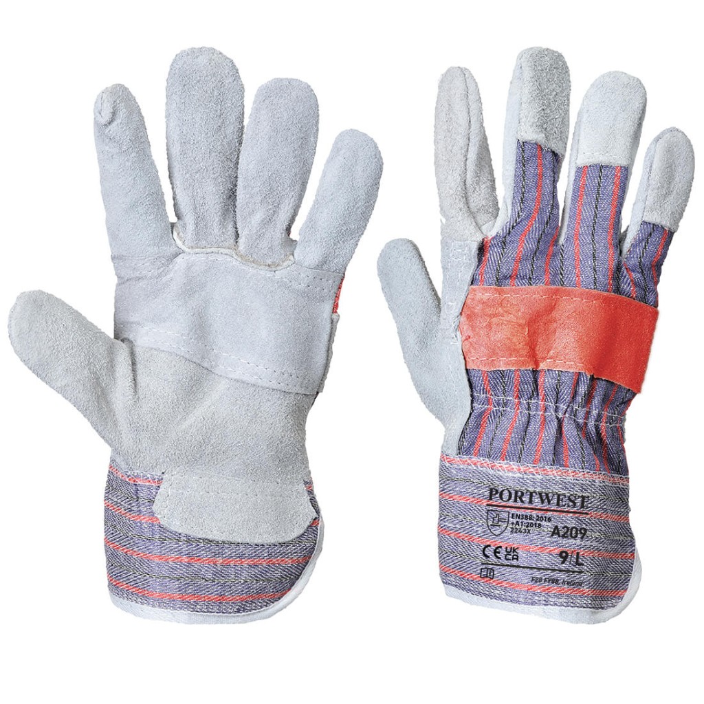 A pair of grey leather work gloves with a reinforced palm and adjustable wrist strap, offering durable hand protection.