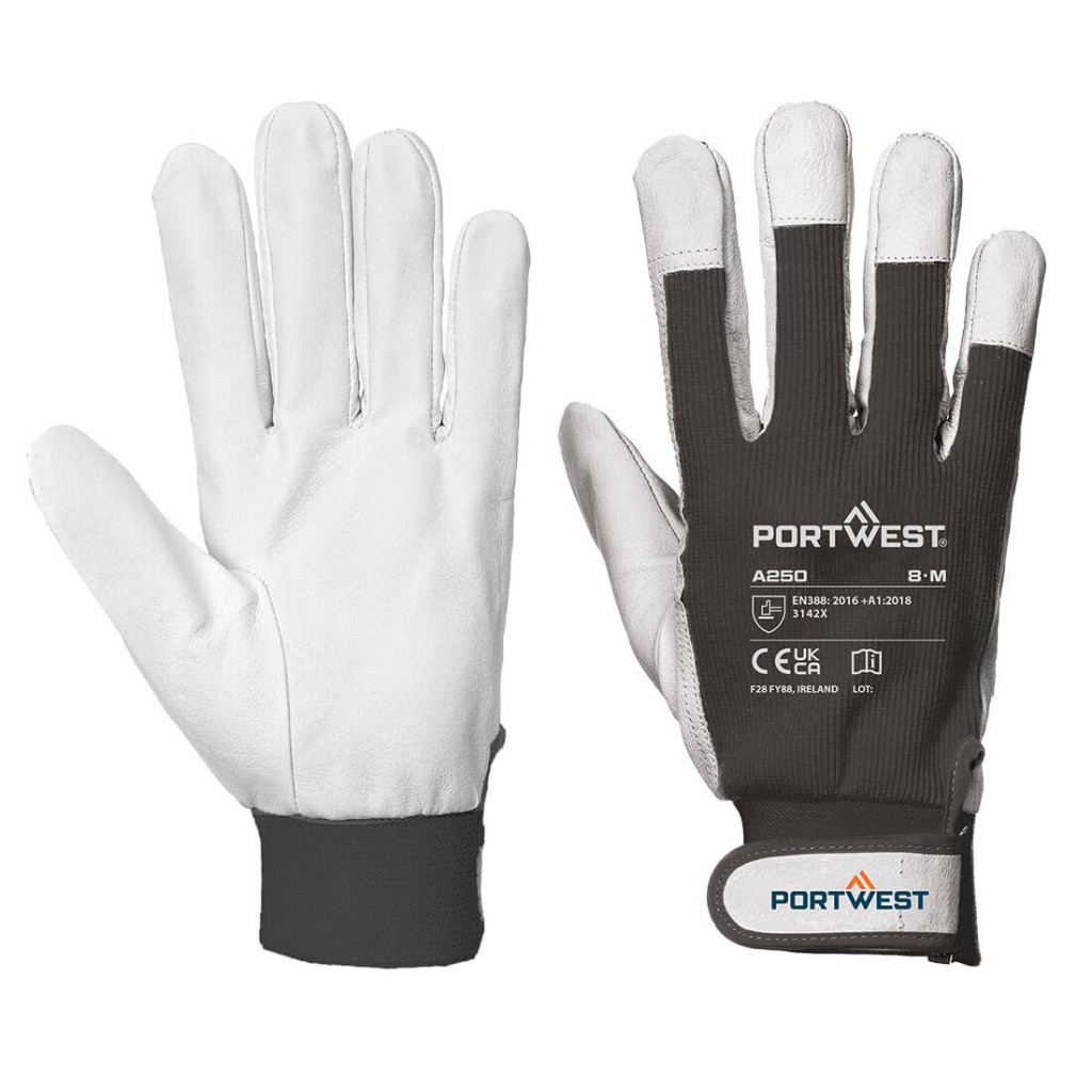 A pair of black leather work gloves with a reinforced palm and adjustable wrist strap, offering durable hand protection.