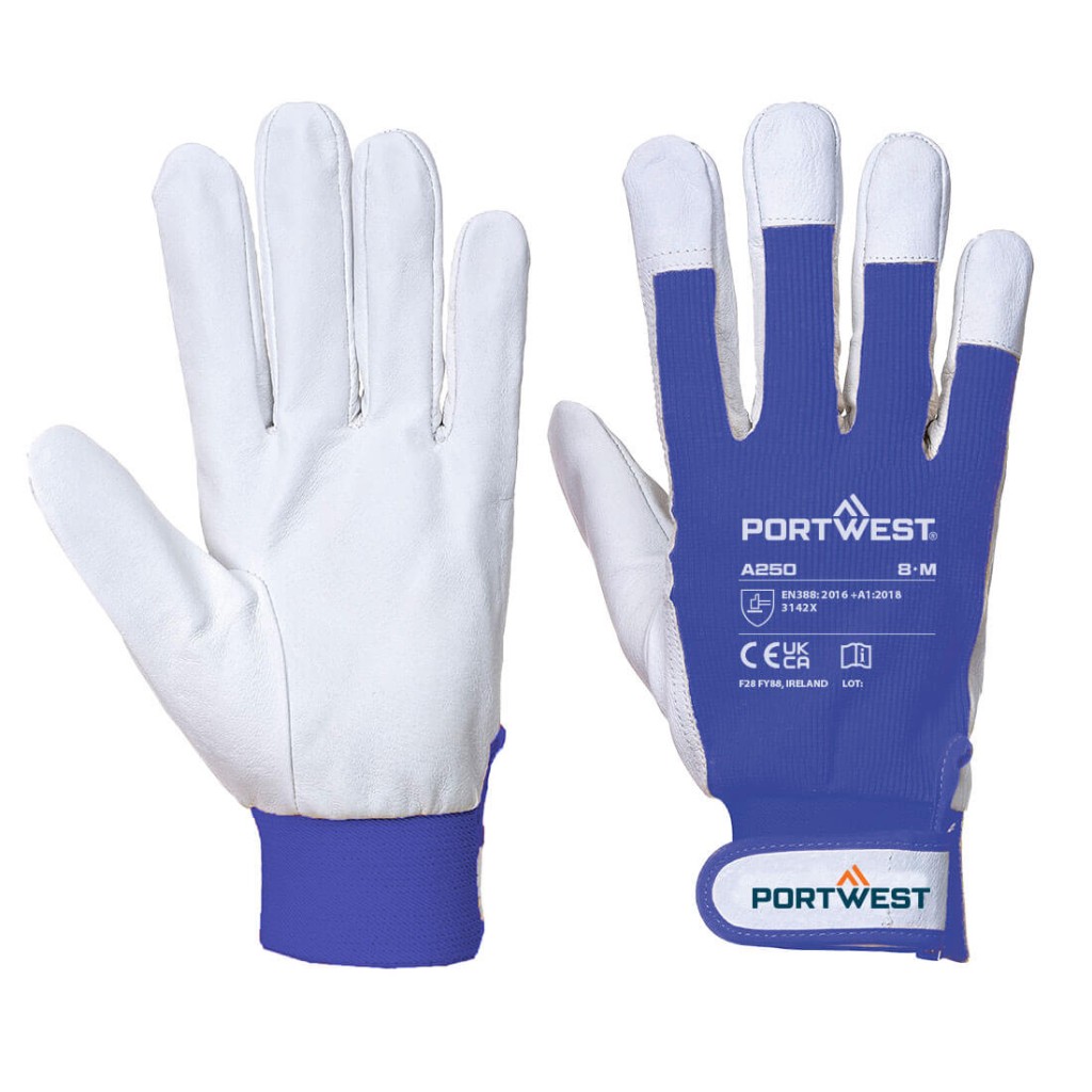 A pair of blue leather work gloves with a reinforced palm and adjustable wrist strap, offering durable hand protection.