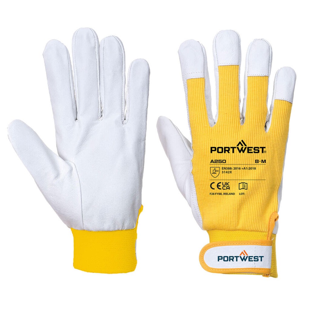 A pair of yellow leather work gloves with a reinforced palm and adjustable wrist strap, offering durable hand protection.