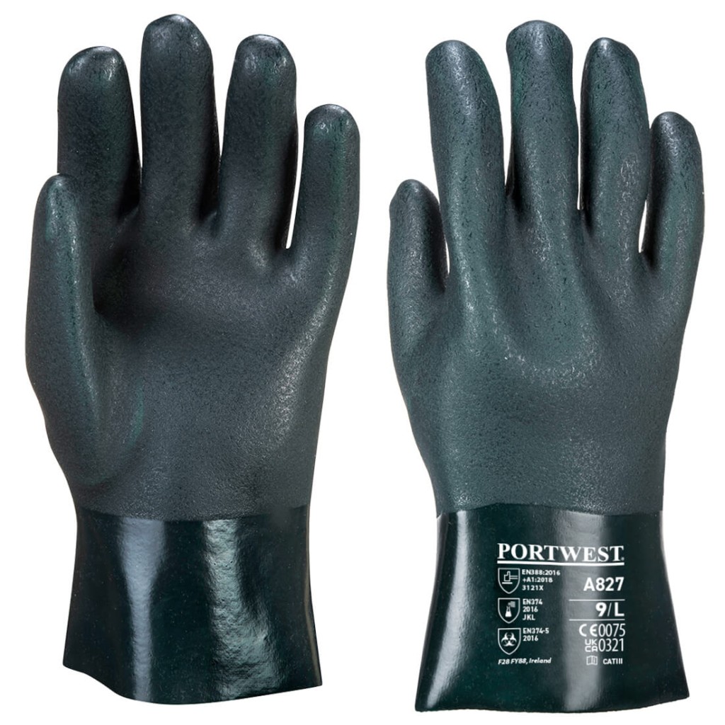 A green workwear garment designed for use on construction sites and in industrial work environments.,