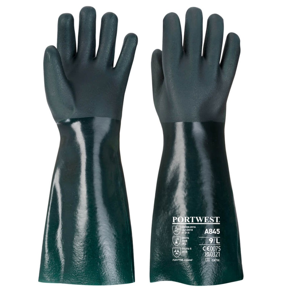 A green workwear garment designed for use on construction sites and in industrial work environments.,