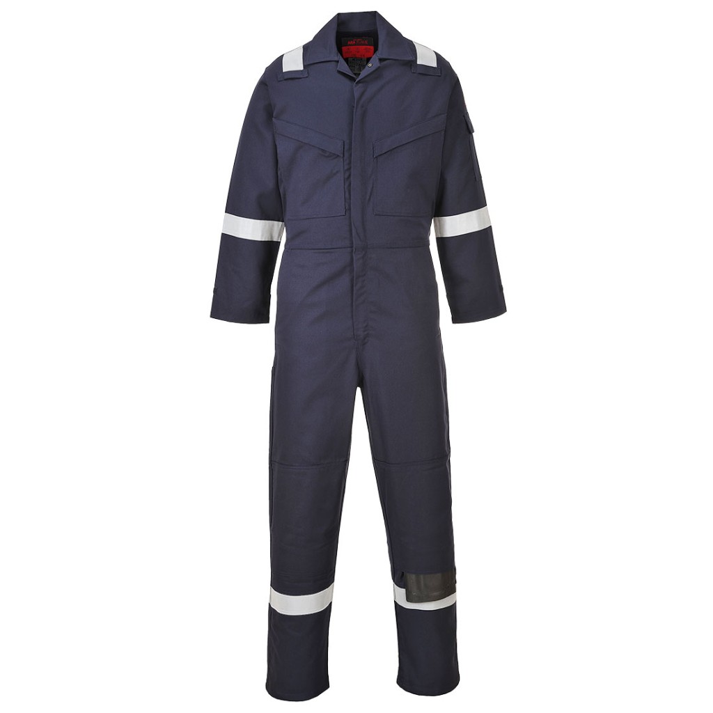 A navy blue coverall featuring flame-resistant fabric, suitable for a wide range of outdoor and site work applications.