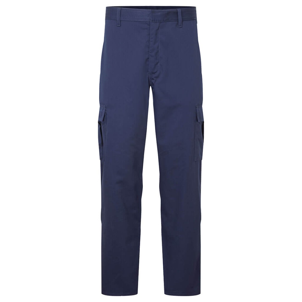 A pair of women's navy blue work trousers featuring anti-static properties, suitable for a wide range of outdoor and site work applications.