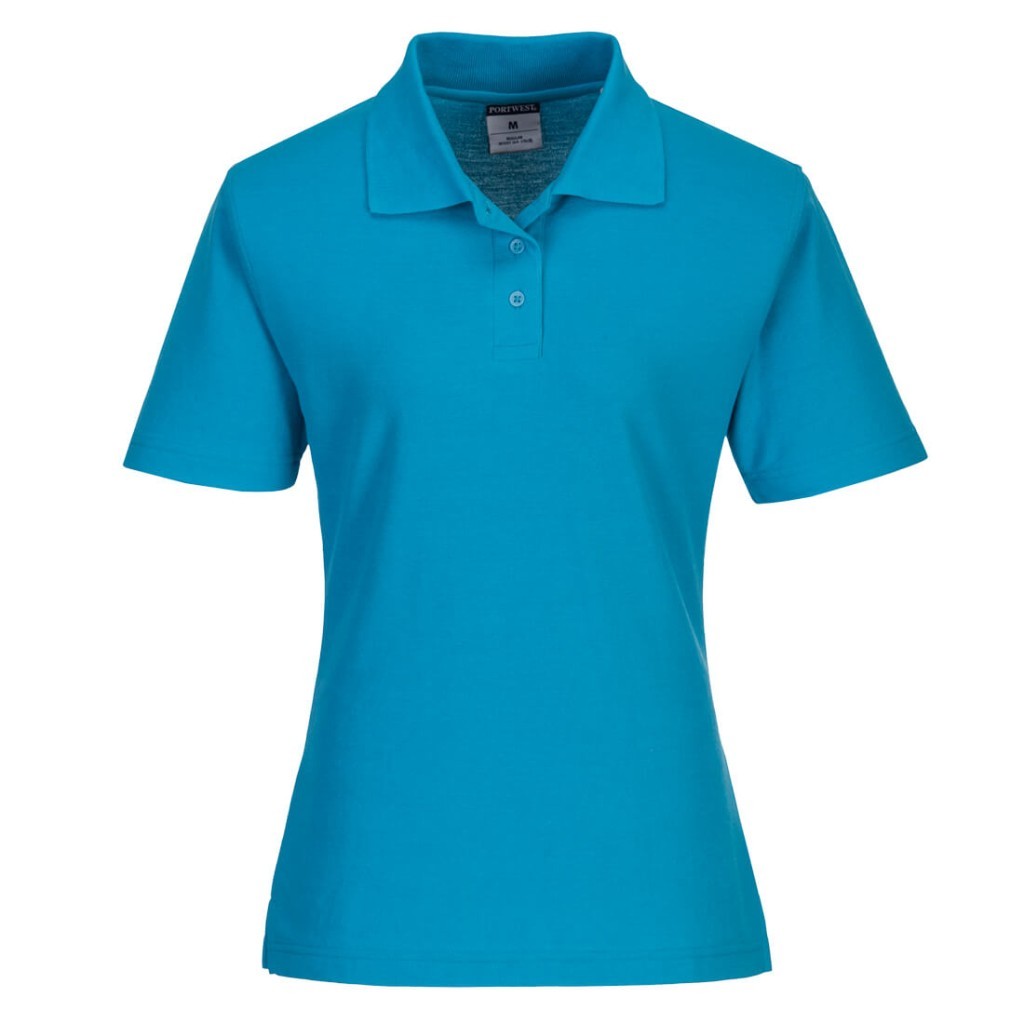 A women's polo shirt designed for use on construction sites and in industrial work environments.,
