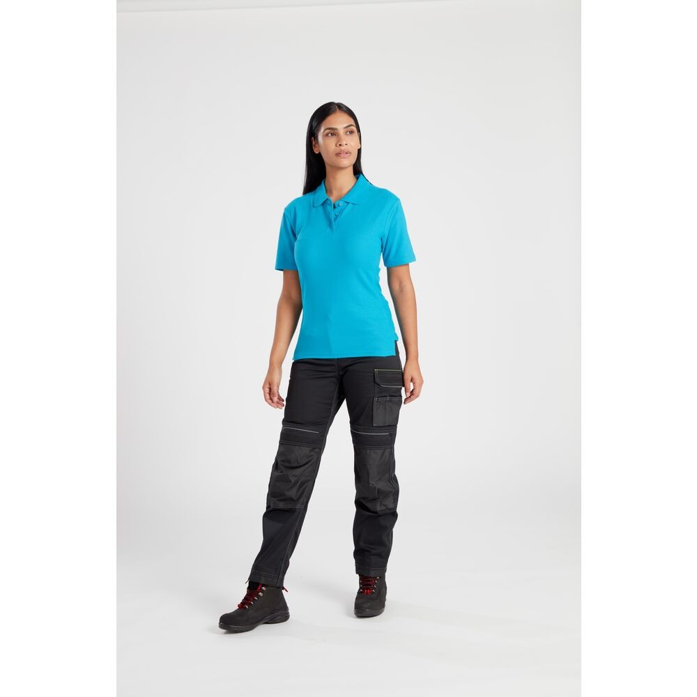 A women's polo shirt designed for use on construction sites and in industrial work environments.,