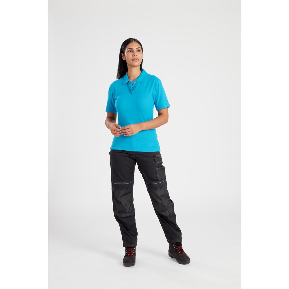 A women's polo shirt designed for use on construction sites and in industrial work environments.,
