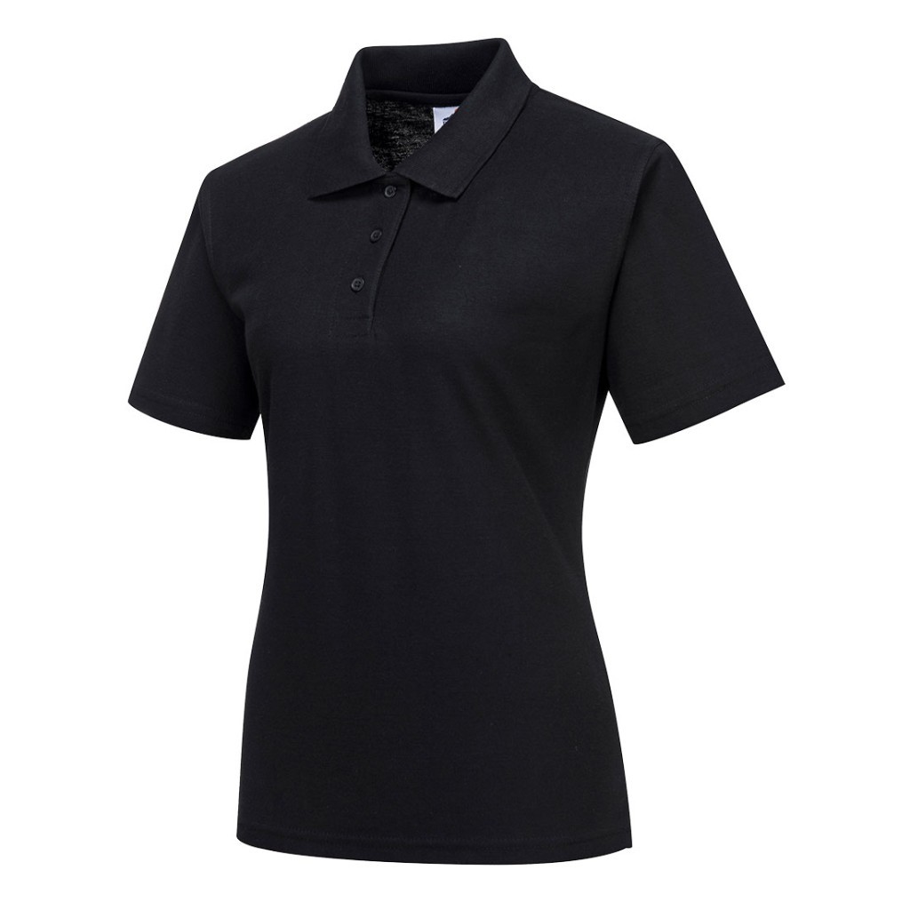 A women's black polo shirt designed for use on construction sites and in industrial work environments.,