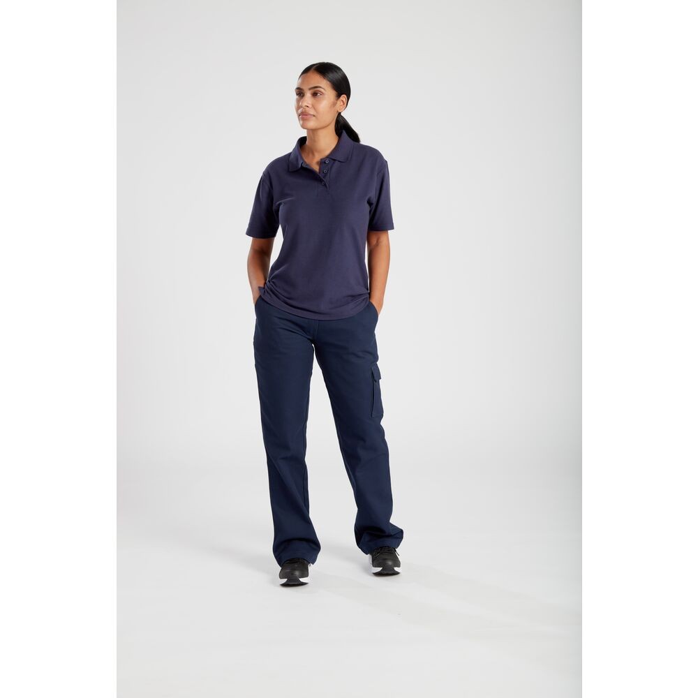 A women's navy blue polo shirt designed for use on construction sites and in industrial work environments.,