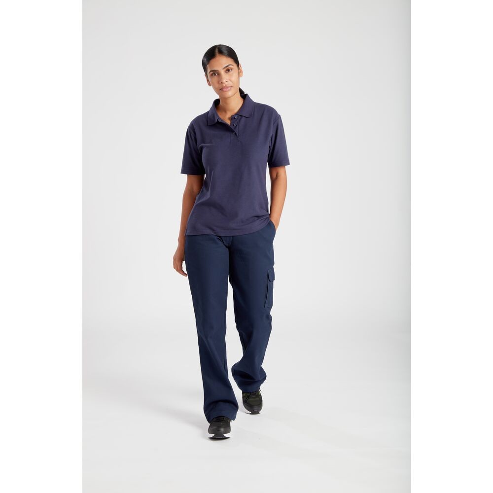 A women's navy blue polo shirt designed for use on construction sites and in industrial work environments.,