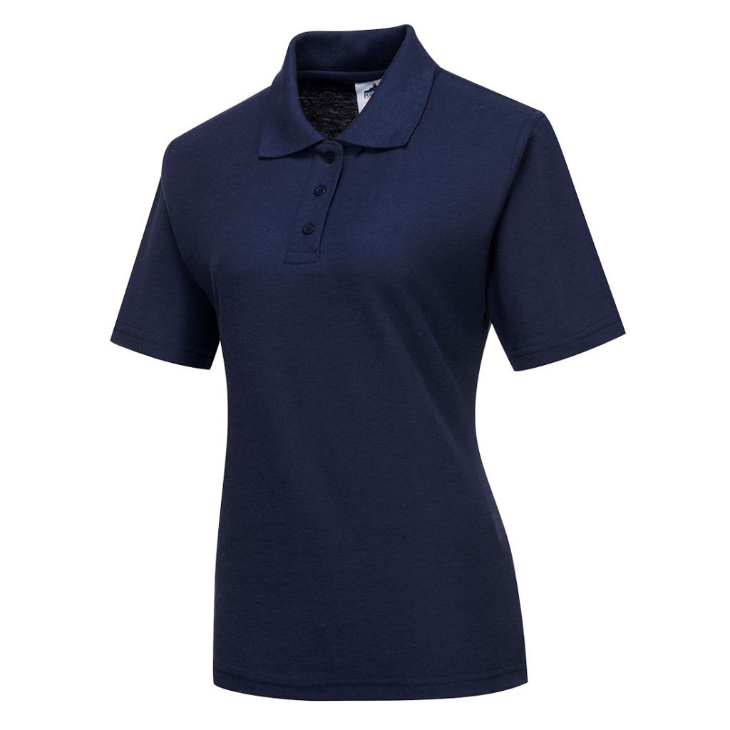 A women's navy blue polo shirt designed for use on construction sites and in industrial work environments.,