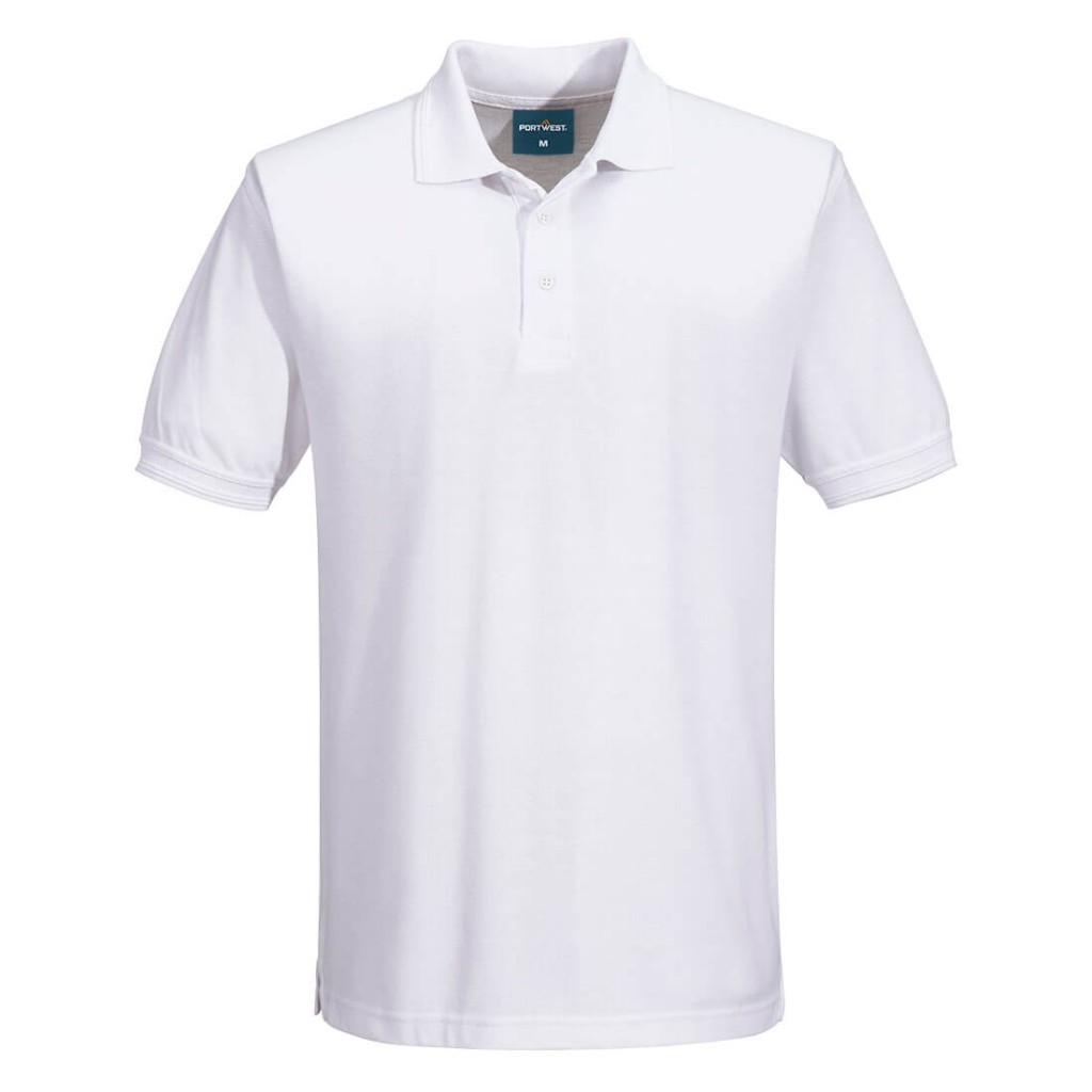 A white polo shirt designed for use on construction sites and in industrial work environments.,