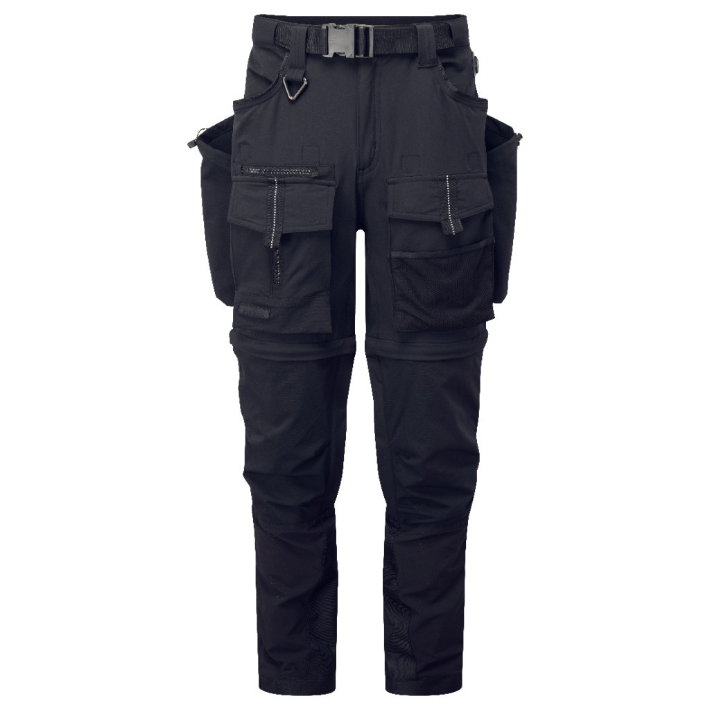 A pair of black work trousers designed for use on construction sites and in industrial work environments.,