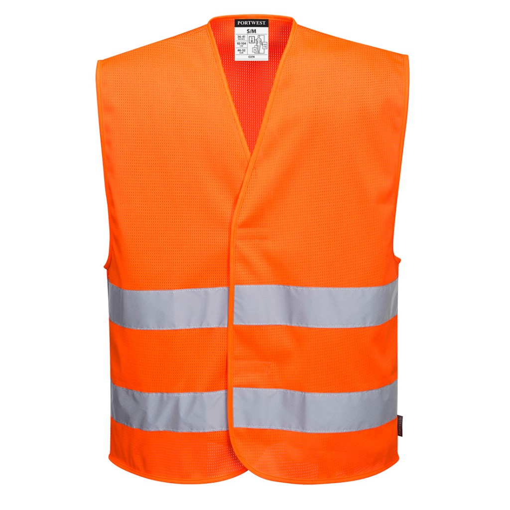 A high-visibility orange vest featuring retroreflective tape panels, suitable for a wide range of outdoor and site work applications.