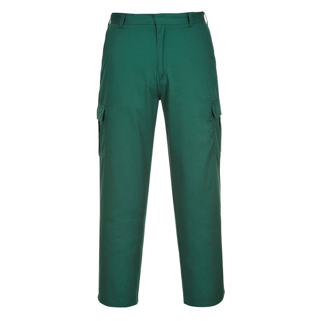 A pair of green work trousers designed for use on construction sites and in industrial work environments.,